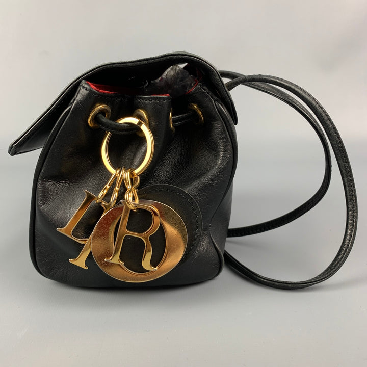Vintage CHRISTIAN DIOR Black Leather Gold Charm Shoulder Bag Mini Handbag