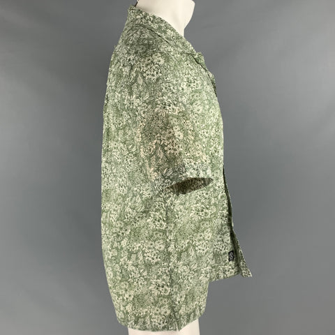 TODD SNYDER Size M Green White Floral Cotton One Pocket Short Sleeve Shirt