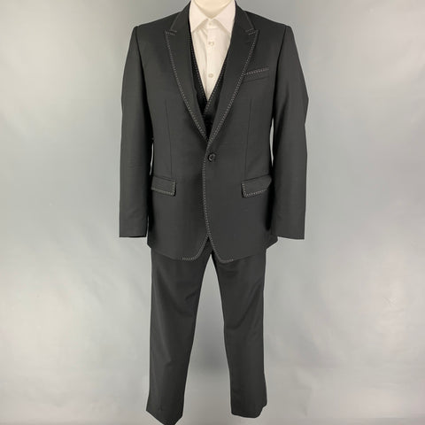 DOLCE & GABBANA Size 42 Black Contrast Stitch Wool Peak Lapel 3 Piece Suit