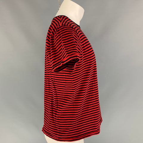SAINT LAURENT Size M Red Navy Stripe Cotton Short Sleeve T-shirt