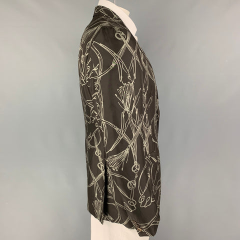 GUCCI Size 44 Brown Green Print Silk Notch Lapel Sport Coat