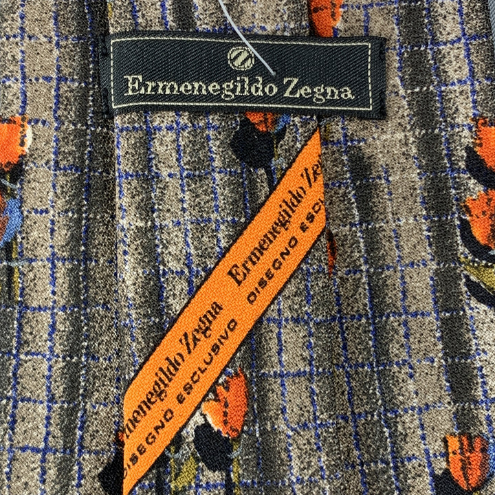ERMENEGILDO ZEGNA Gray Silk Blue & Orange Flower Tie