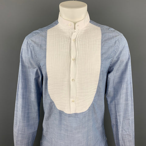 MICHAEL BASTIAN Size L Blue & White Pleated Cotton Long Sleeve Shirt