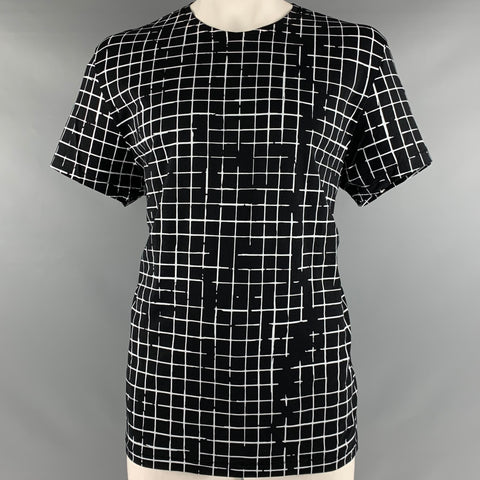 HAIDER ACKERMANN Taille L Noir Blanc Fenêtre Pane Coton Crew Neck T-shirt