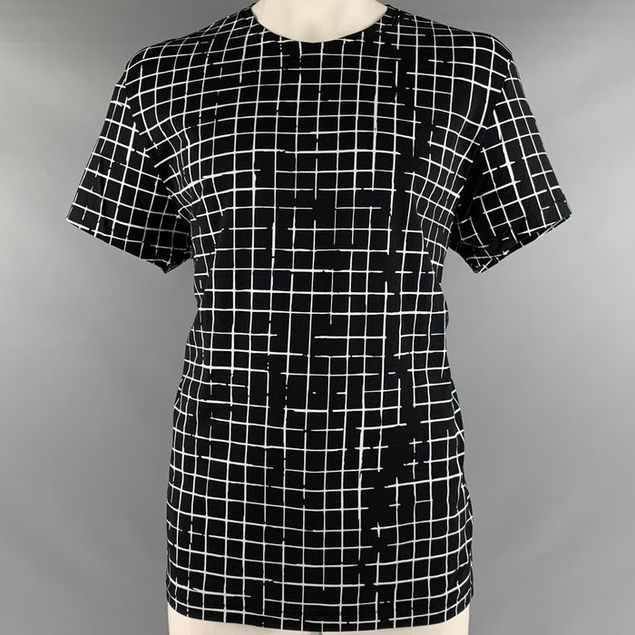 HAIDER ACKERMANN Size L Black White Window Pane Cotton Crew Neck T-shirt