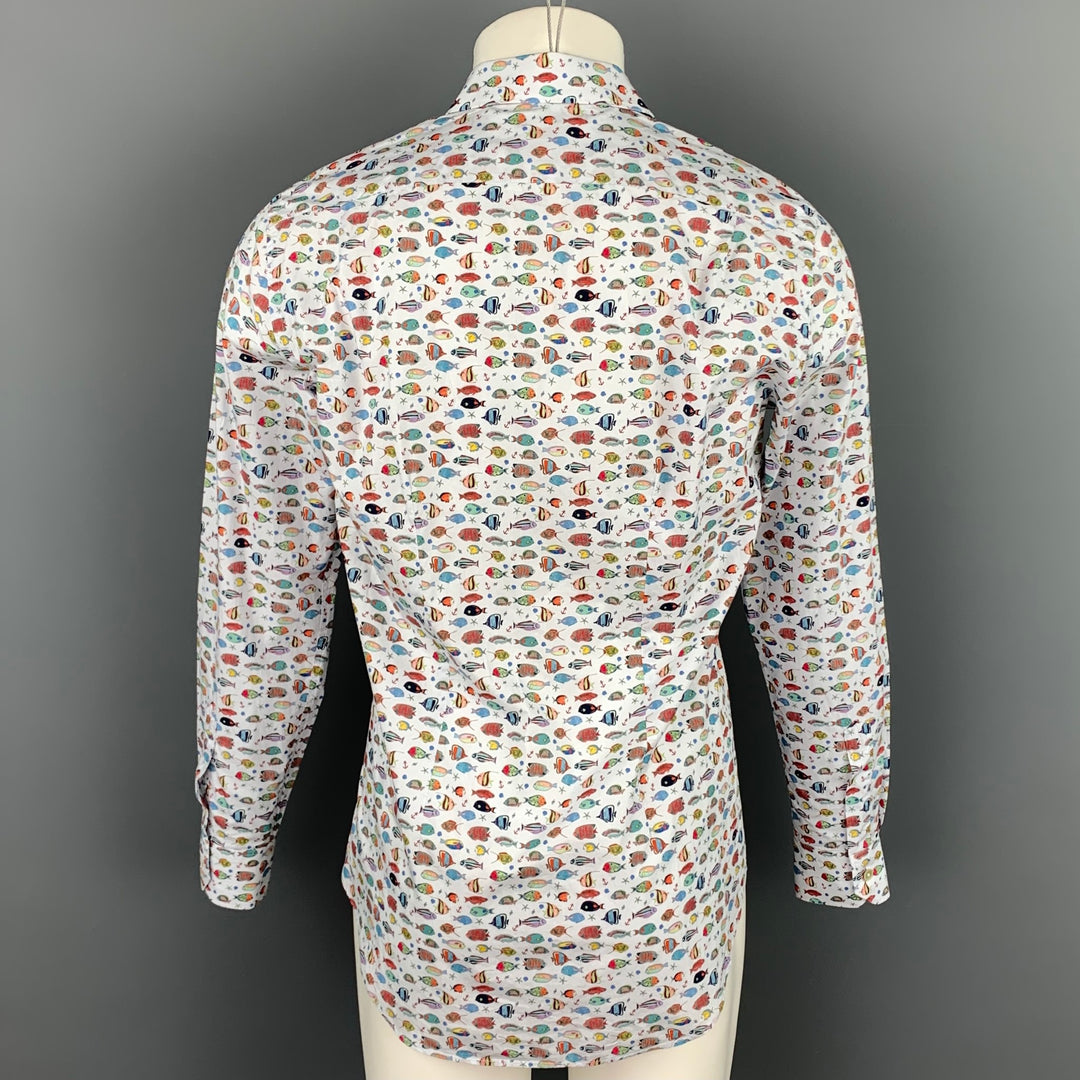 PAUL SMITH Talla M Camisa blanca de manga larga con botones de algodón con estampado de peces