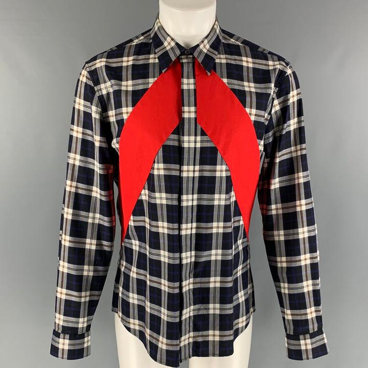 GIVENCHY Size M Navy White & Red Plaid Cotton Hidden Placket Long Sleeve Shirt